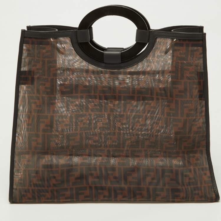 Pre Owned Fendi Tobacco Zucca Mesh and Leather Runaway Shopper Tote