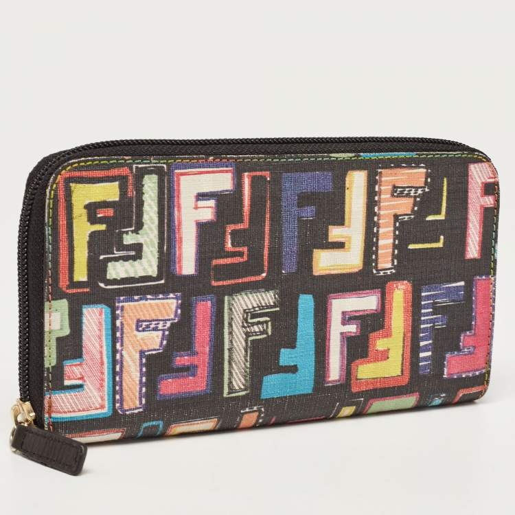 Pre Owned Fendi Multicolor Zucca Coated Canvas Zip Around Wallet