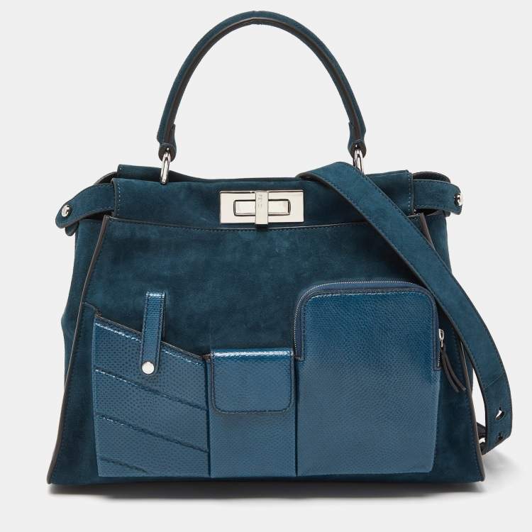 مملوكة مسبقًا Fendi Blue Watersnake Leather and Suede Regular Peekaboo Top Handle Bag