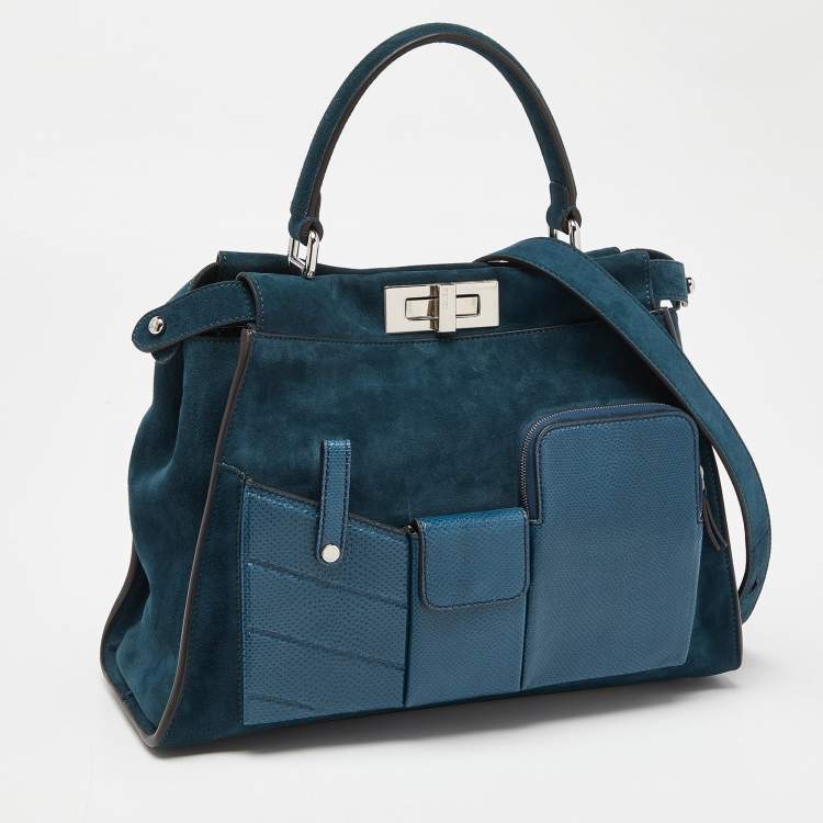 مملوكة مسبقًا Fendi Blue Watersnake Leather and Suede Regular Peekaboo Top Handle Bag