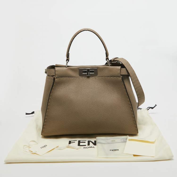Pre Owned Fendi Taupe Selleria Leather Medium Iconic Peekaboo Top Handle Bag