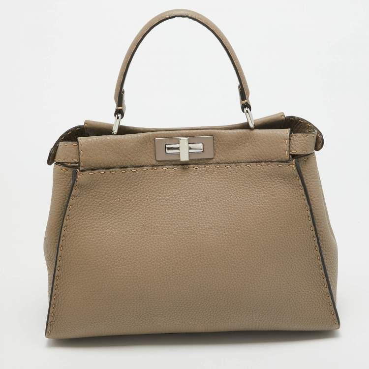 Pre Owned Fendi Taupe Selleria Leather Medium Iconic Peekaboo Top Handle Bag