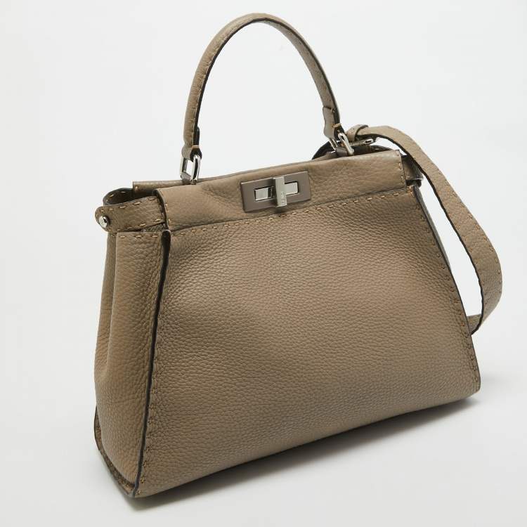 Pre Owned Fendi Taupe Selleria Leather Medium Iconic Peekaboo Top Handle Bag