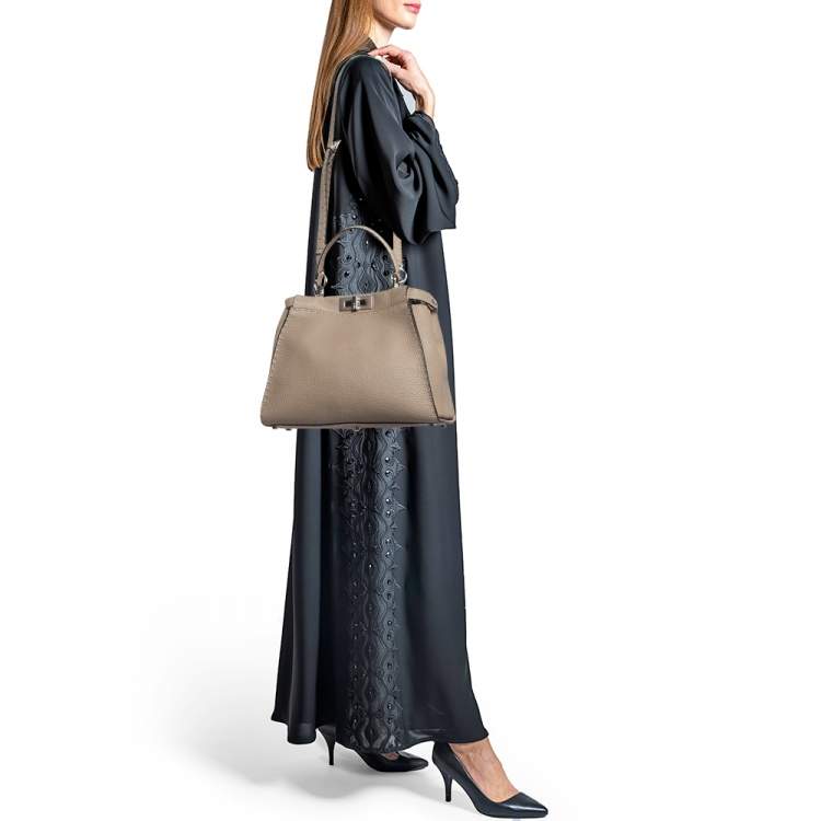 Pre Owned Fendi Taupe Selleria Leather Medium Iconic Peekaboo Top Handle Bag