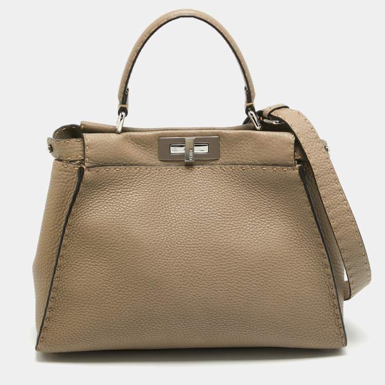 Pre Owned Fendi Taupe Selleria Leather Medium Iconic Peekaboo Top Handle Bag