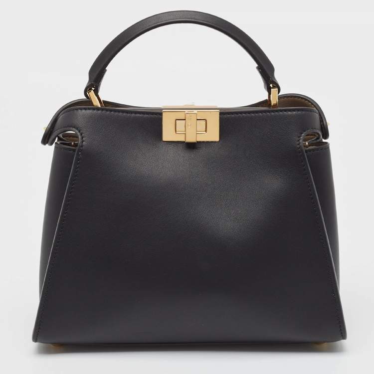 Pre Owned Fendi Black Leather Peekaboo Iconic Essentially Top Handle Bag