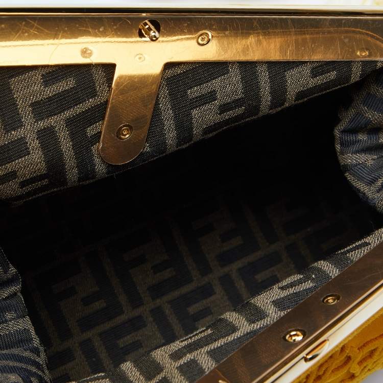 Pre Owned Fendi Mustard Karligraphy Suede and Velvet Medium Camoscio First Shoulder Bag