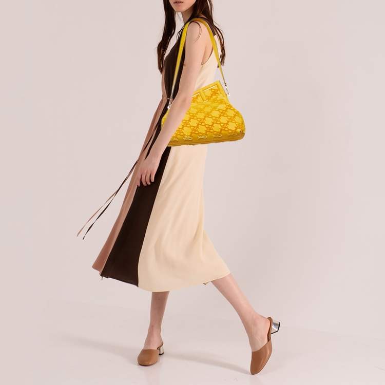 Pre Owned Fendi Mustard Karligraphy Suede and Velvet Medium Camoscio First Shoulder Bag