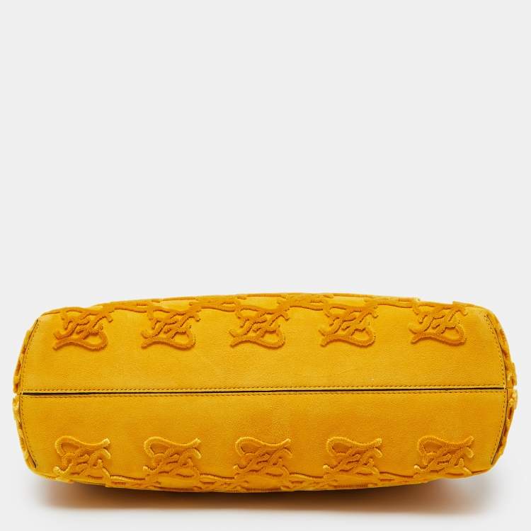 Pre Owned Fendi Mustard Karligraphy Suede and Velvet Medium Camoscio First Shoulder Bag