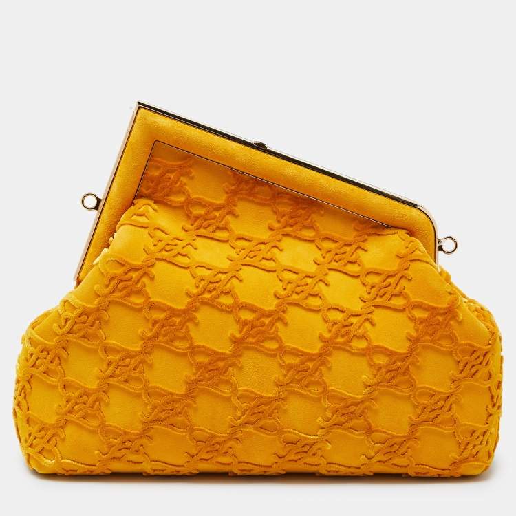 Pre Owned Fendi Mustard Karligraphy Suede and Velvet Medium Camoscio First Shoulder Bag