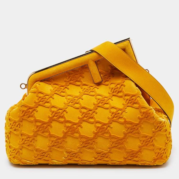 Pre Owned Fendi Mustard Karligraphy Suede and Velvet Medium Camoscio First Shoulder Bag