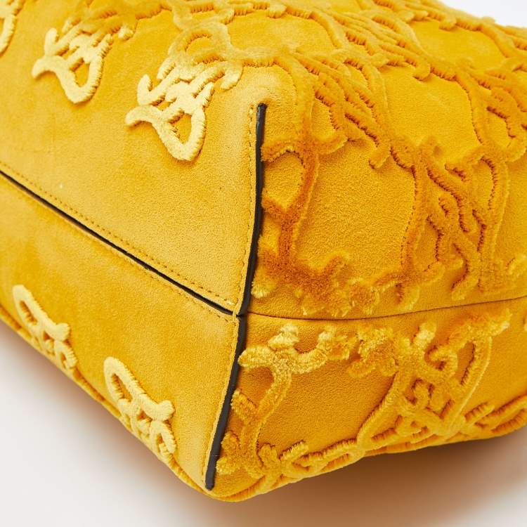 Pre Owned Fendi Mustard Karligraphy Suede and Velvet Medium Camoscio First Shoulder Bag