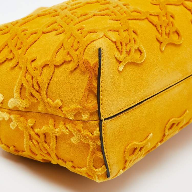 Pre Owned Fendi Mustard Karligraphy Suede and Velvet Medium Camoscio First Shoulder Bag