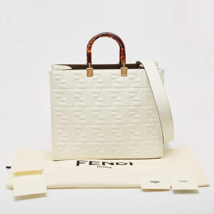 Pre Owned Fendi Off White Zucca Embossed Leather Medium Sunshine Tote