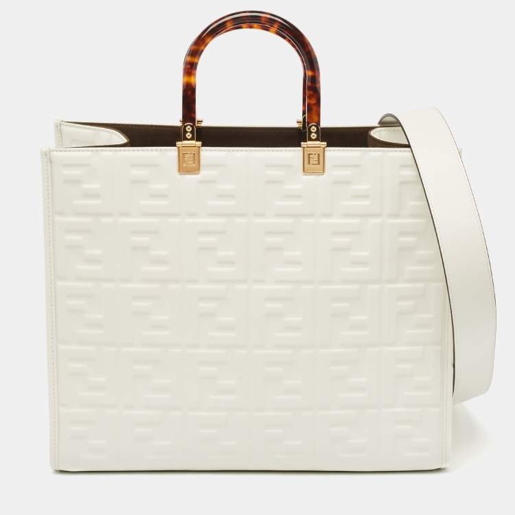 Pre Owned Fendi Off White Zucca Embossed Leather Medium Sunshine Tote
