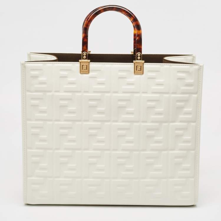 Pre Owned Fendi Off White Zucca Embossed Leather Medium Sunshine Tote