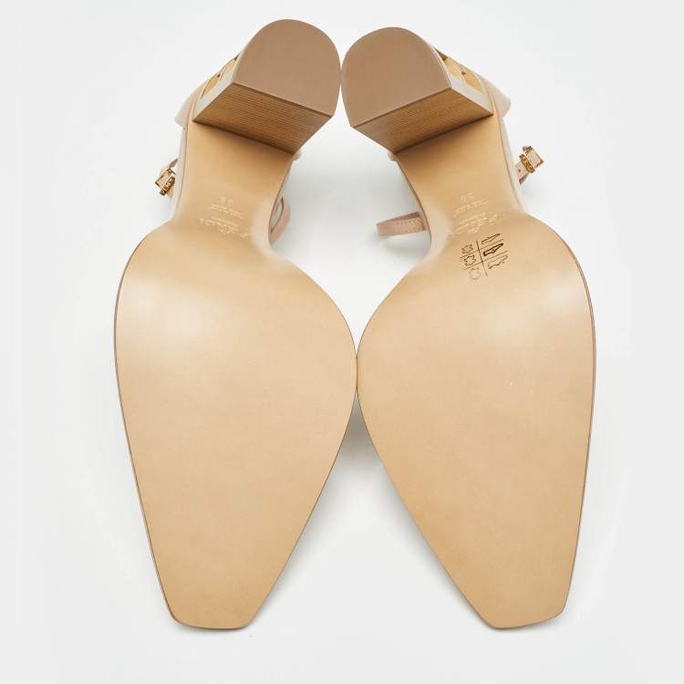 Pre Owned Fendi Beige Leather Zucca FF Logo Ankle Strap Pumps Size 39