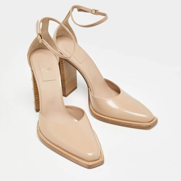 Pre Owned Fendi Beige Leather Zucca FF Logo Ankle Strap Pumps Size 39