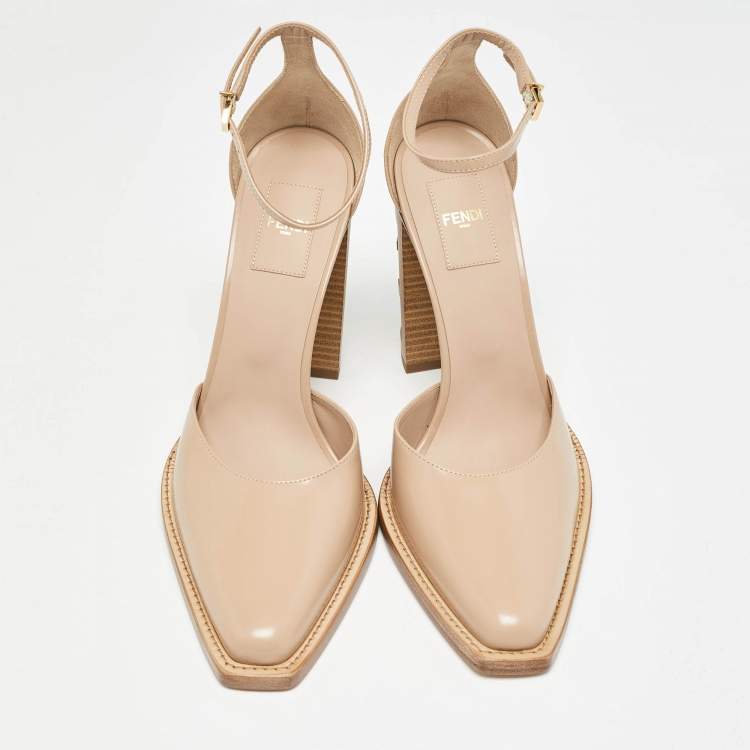 Pre Owned Fendi Beige Leather Zucca FF Logo Ankle Strap Pumps Size 39