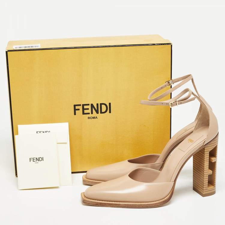 Pre Owned Fendi Beige Leather Zucca FF Logo Ankle Strap Pumps Size 39