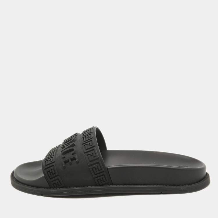 Pre Owned Fendi x-Versace Black Rubber Logo Flat Slides Size 37