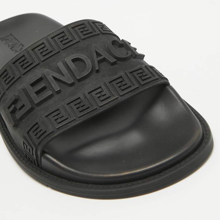 Pre Owned Fendi x-Versace Black Rubber Logo Flat Slides Size 37