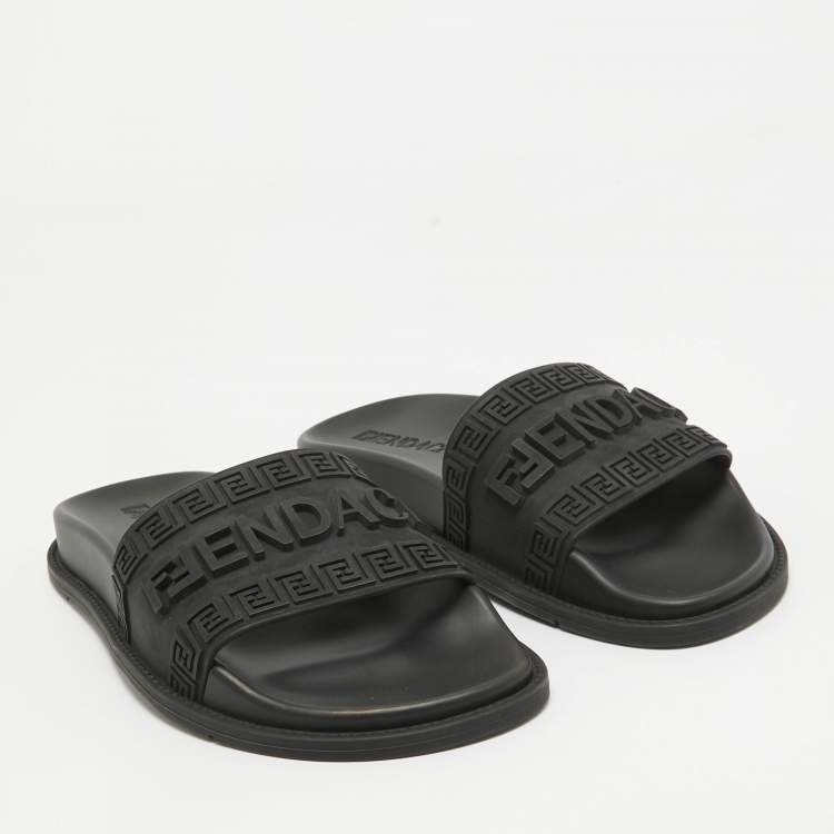Pre Owned Fendi x-Versace Black Rubber Logo Flat Slides Size 37