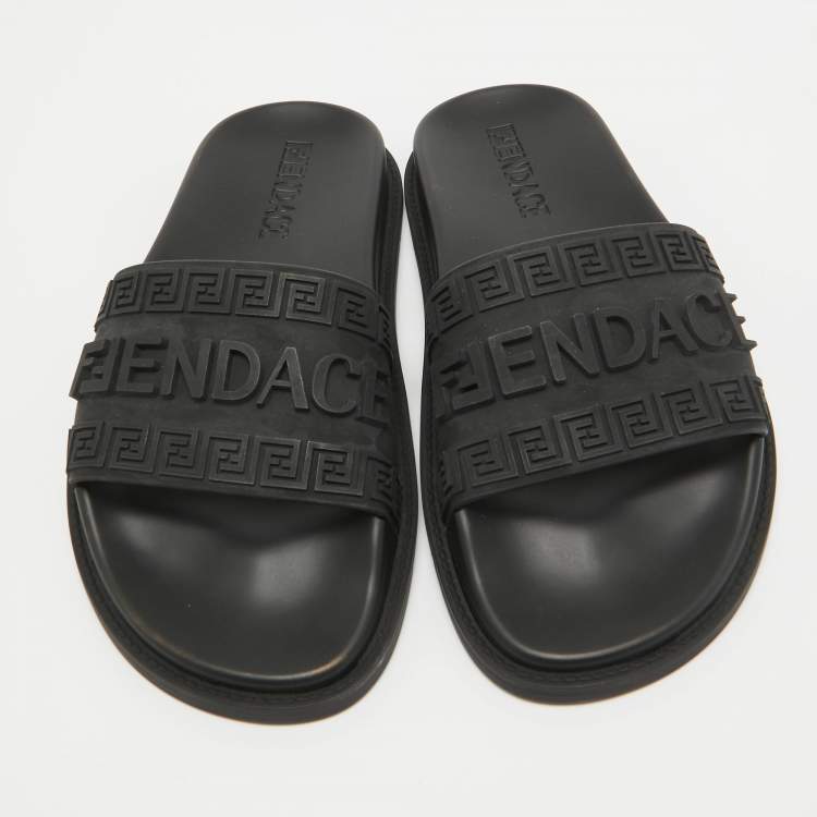 Pre Owned Fendi x-Versace Black Rubber Logo Flat Slides Size 37