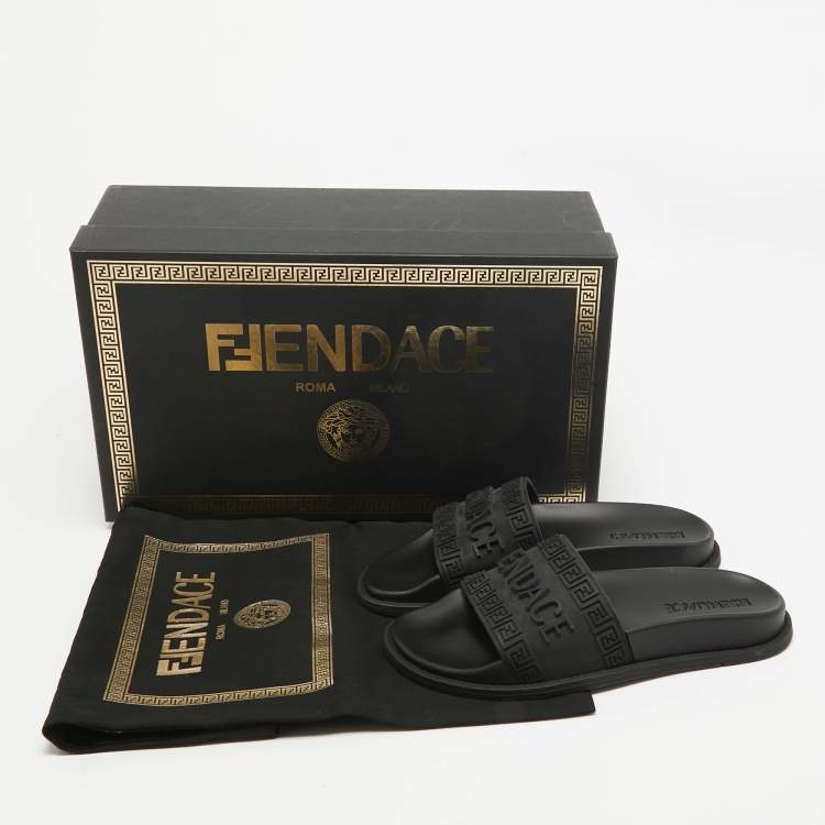 Pre Owned Fendi x-Versace Black Rubber Logo Flat Slides Size 37