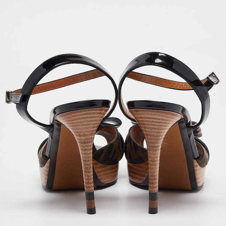 Pre Owned Fendi Black/Brown Canvas And Leather Bow Pep Toe Ankle Strap Sandals Size 39