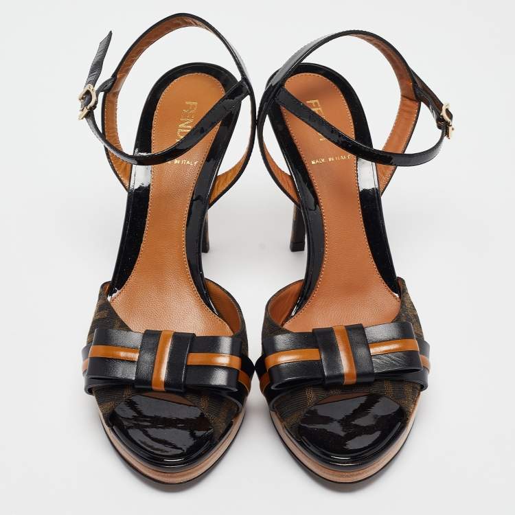 Pre Owned Fendi Black/Brown Canvas And Leather Bow Pep Toe Ankle Strap Sandals Size 39