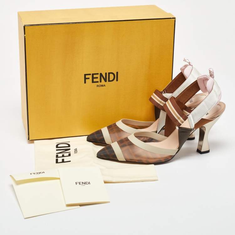 Pre Owned Fendi Brown/Beige Zucca Mesh and Canvas Colibri Slingback Pumps Size 39