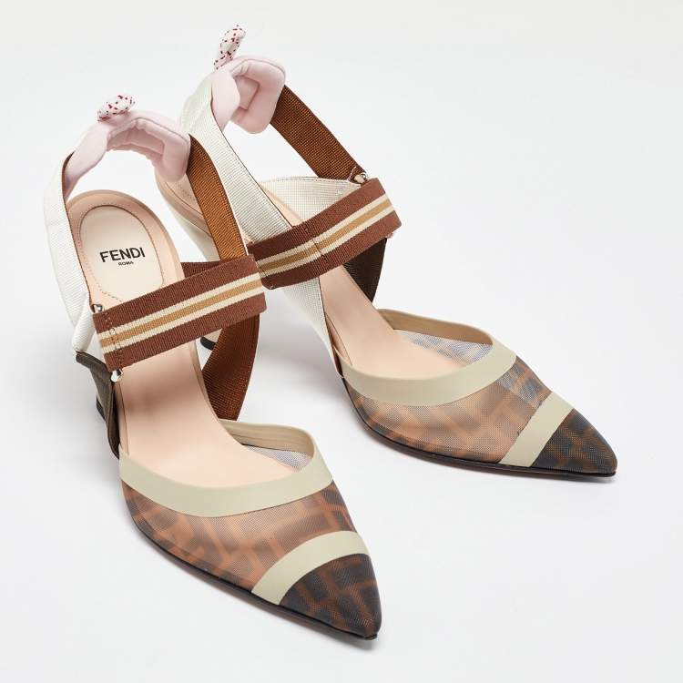 Pre Owned Fendi Brown/Beige Zucca Mesh and Canvas Colibri Slingback Pumps Size 39