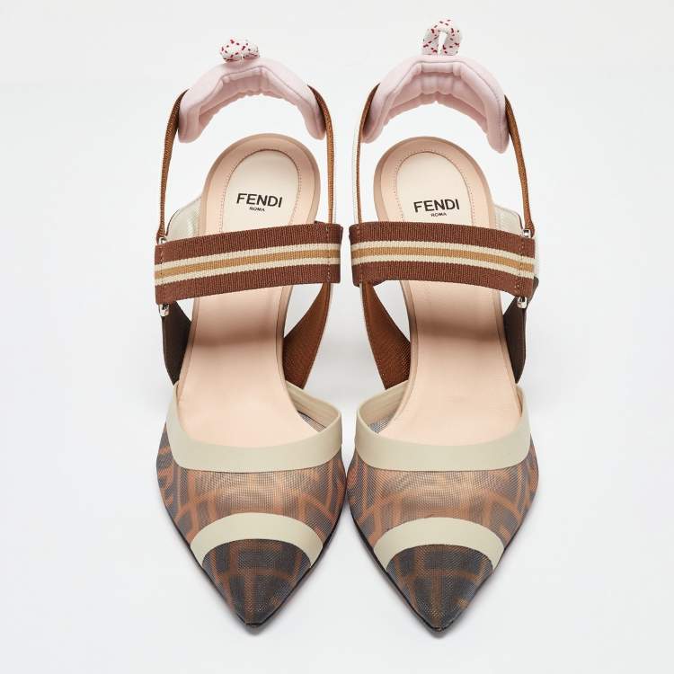Pre Owned Fendi Brown/Beige Zucca Mesh and Canvas Colibri Slingback Pumps Size 39