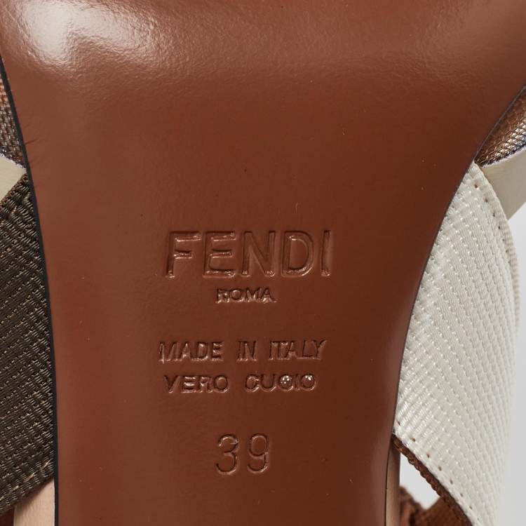 Pre Owned Fendi Brown/Beige Zucca Mesh and Canvas Colibri Slingback Pumps Size 39
