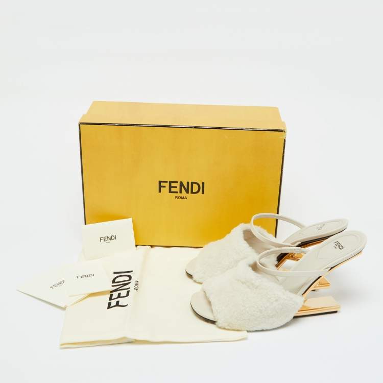 Pre Owned Fendi Off White Lamb Fur and Leather First Heel Mules Size 40