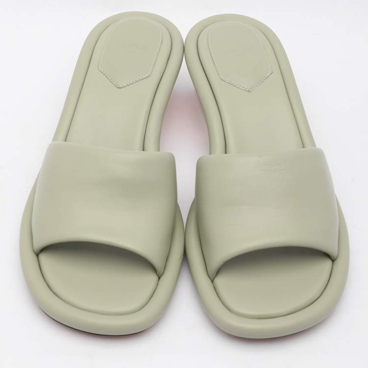Pre Owned Fendi Green Leather Baguette Heel Slide Sandals Size 37