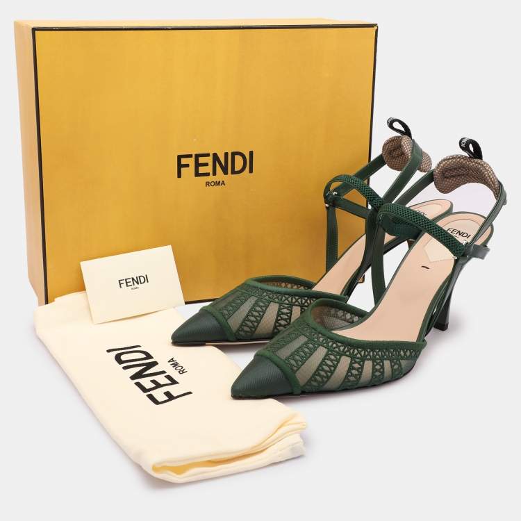 Pre Owned Fendi Green Mesh and Leather Colibri Lite Slingback Pumps Size 40.5