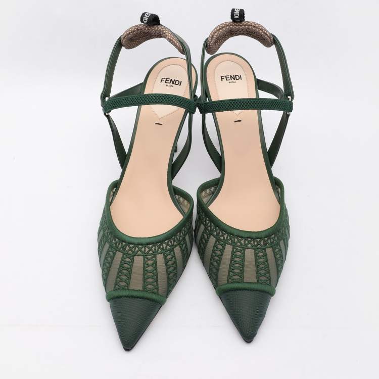 Pre Owned Fendi Green Mesh and Leather Colibri Lite Slingback Pumps Size 40.5