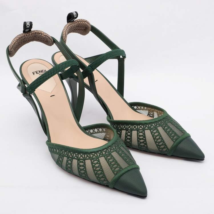 Pre Owned Fendi Green Mesh and Leather Colibri Lite Slingback Pumps Size 40.5