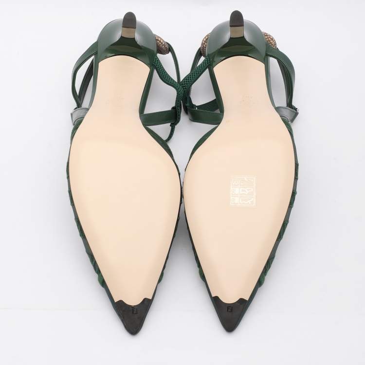 Pre Owned Fendi Green Mesh and Leather Colibri Lite Slingback Pumps Size 40.5