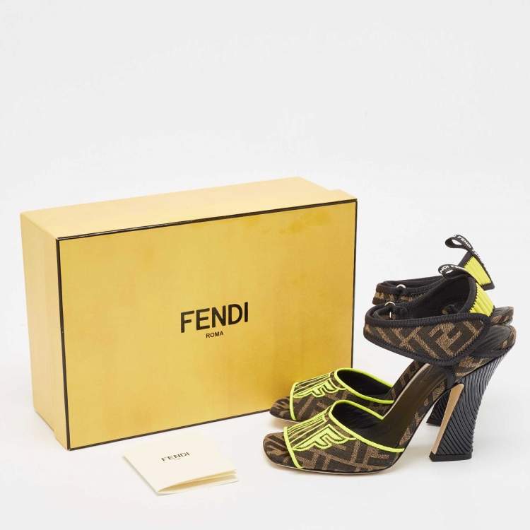 Pre Owned Fendi Brown Zucca Canvas FF Embroidered Ankle Strap Sandals Size 41