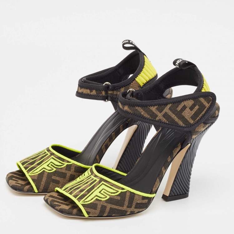 Pre Owned Fendi Brown Zucca Canvas FF Embroidered Ankle Strap Sandals Size 41