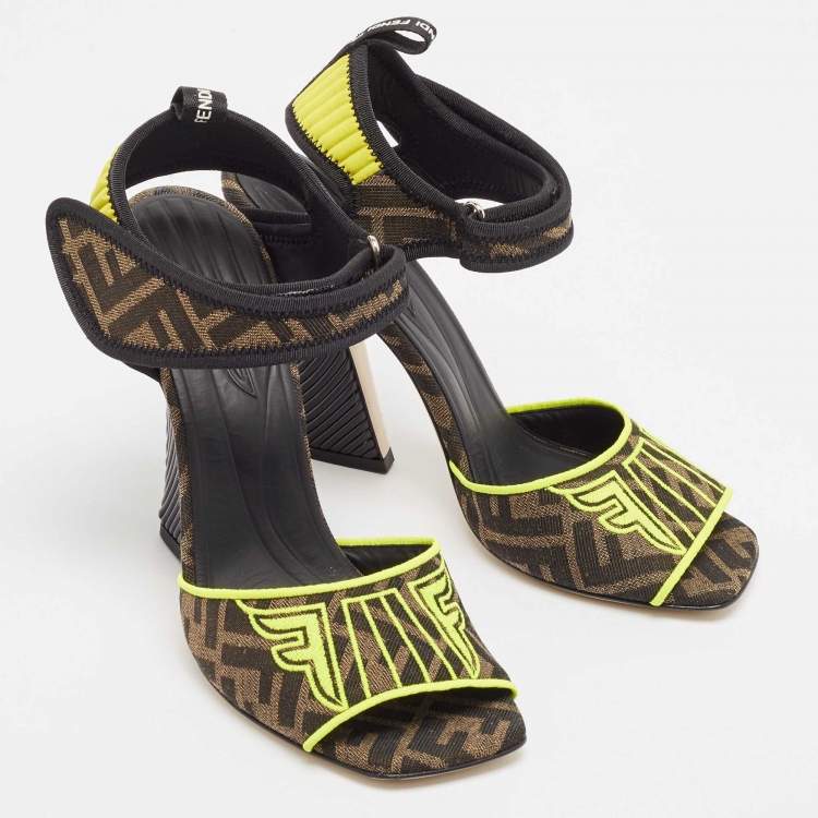 Pre Owned Fendi Brown Zucca Canvas FF Embroidered Ankle Strap Sandals Size 41