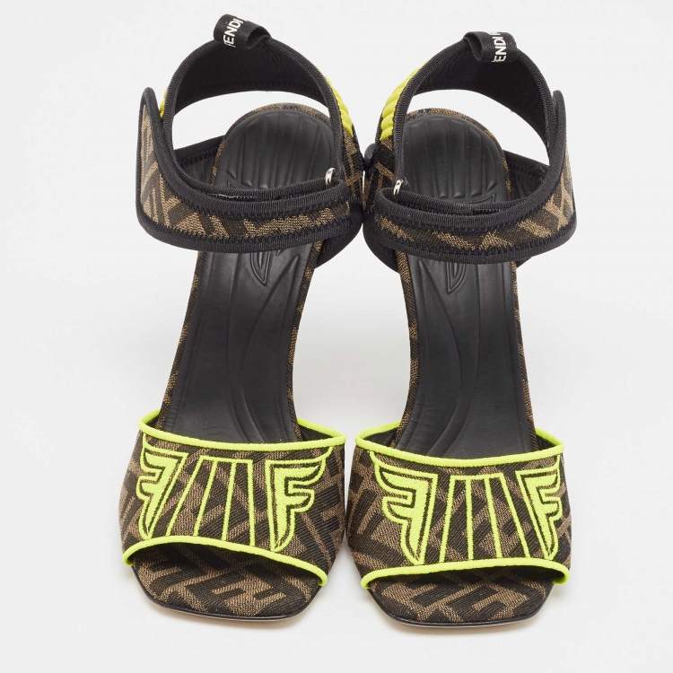 Pre Owned Fendi Brown Zucca Canvas FF Embroidered Ankle Strap Sandals Size 41