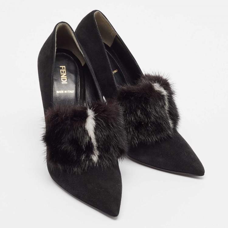 Pre Owned Fendi Black Mink Fur and Suede Block Heel Pumps Size 39