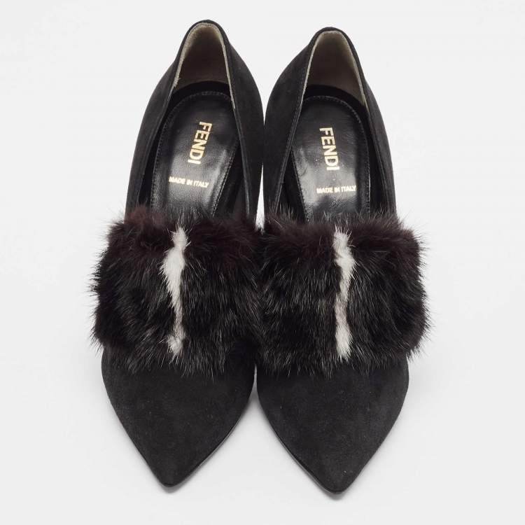 Pre Owned Fendi Black Mink Fur and Suede Block Heel Pumps Size 39