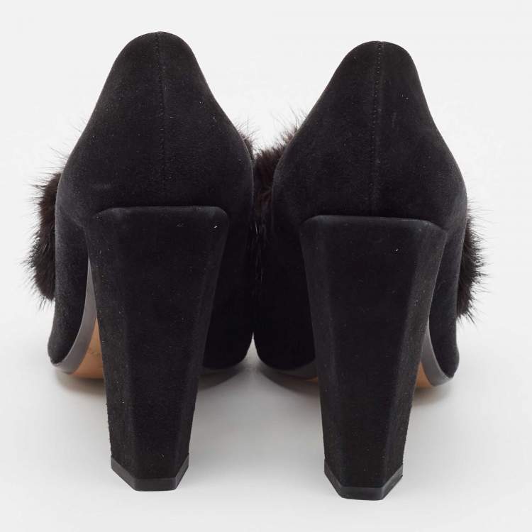 Pre Owned Fendi Black Mink Fur and Suede Block Heel Pumps Size 39