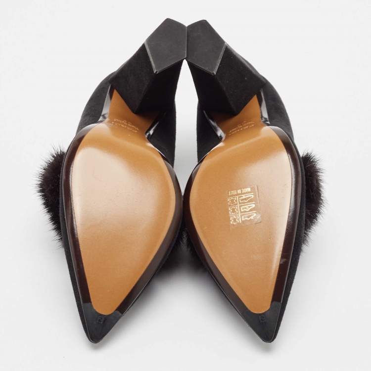 Pre Owned Fendi Black Mink Fur and Suede Block Heel Pumps Size 39