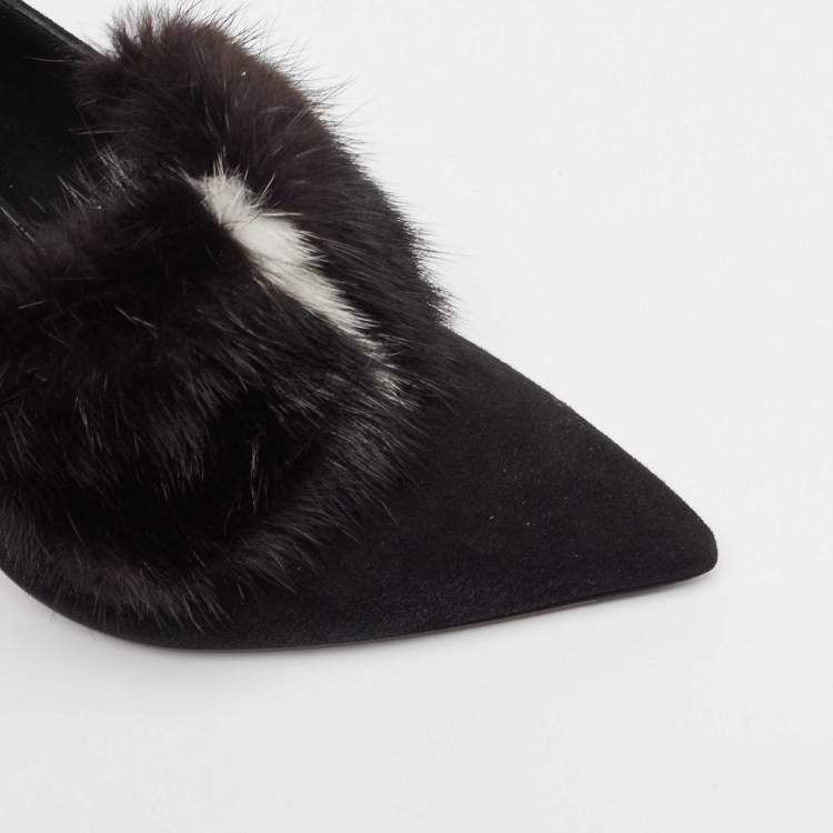 Pre Owned Fendi Black Mink Fur and Suede Block Heel Pumps Size 39